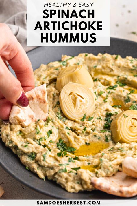 The BEST of both worlds! Super easy and ultra delicious spinach artichoke hummus. One of my all-time favorite healthy snacks or appetizers! Spinach Artichoke Hummus Recipe, Spinach Hummus Recipe, Artichoke Hummus Recipe, Artichoke Hummus, Hummus Healthy, Best Hummus Recipe, Hummus Recipe Homemade, Hummus Dip, Artichoke Recipes