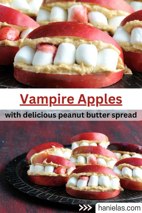 These yummy Vampire Apple Teeth are so delicious and easy to prepare. Scary Vampire, Peanut Butter Dip, Vampire Bites, Fun Halloween Treats, Apple Recipe, Peanut Butter Marshmallow, Fruit Parfait, Apple And Peanut Butter, Surprise Cake