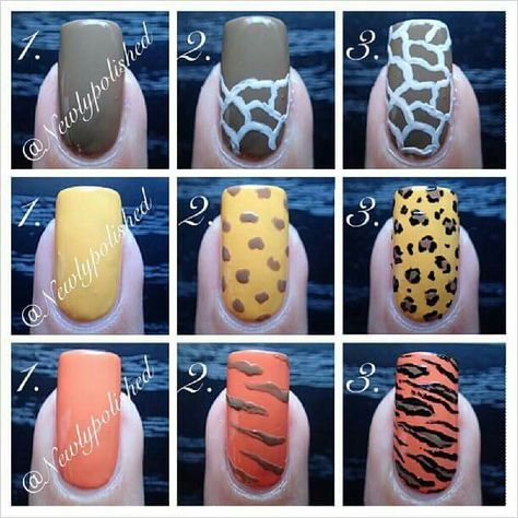 Animal print how to Safari Nails, Art Step By Step, Tiger Nails, Animal Print Nails Art, Animal Nail Art, Nail Art Techniques, Nail Art Designs Diy, Leopard Nails, Animal Nails