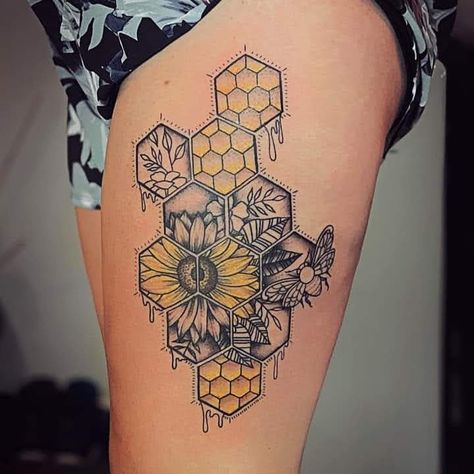 Honeycomb Tattoo Thigh, Honey Bee Tattoo Sleeve, Honeycomb Bee Tattoo Design, Hexagon Nature Tattoo, Bee Color Tattoo, Honeycomb Dripping Honey Tattoo, Honeycomb Serotonin Tattoo, Flower Honeycomb Tattoo, Bee Tattoos With Honeycomb