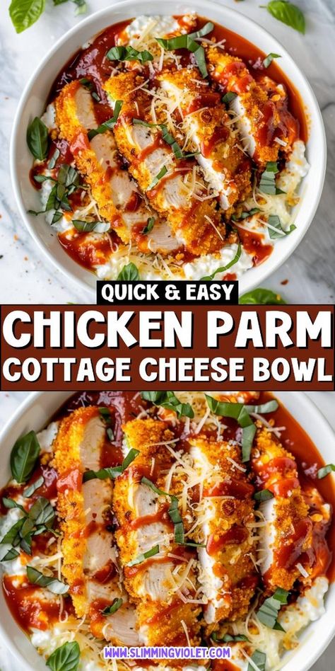 Indulge in Italian flavors with this Chicken Parm Cottage Cheese Bowl! Easy to make and packed with protein, it's perfect for a quick dinner. Check out the recipe now! Easy Healthy Dinner Recipes Low Calorie, Healthy Dinner Food Prep, Healthy Simple Meals For One, Chicken Parm Protein Bowl, Low Carb High Protein Meals Chicken, Quick Dinner Ideas For One Person, Dinner Recipe High Protein, Chicken Bacon Club Cottage Cheese Bowl, Easy Healthy Dinner High Protein