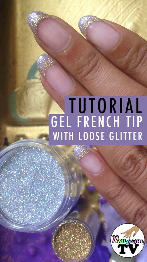 Gel french tip manicure with loose glitter | Nail Art Tutorial | french manicure Gel French Tip, French Manicure Glitter, Manicure Gel Nails, French Manicure Gel Nails, Gel Nails Art, French Manicure Gel, Gel French Tips, Tip Manicure, Gel Manicure Colors