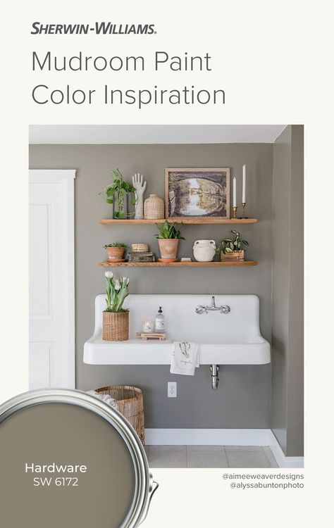 Hardware Paint Color Sherwin Williams, Hardware Sherwin Williams Paint, Hardware By Sherwin Williams, Paint Colors For Mudroom, Wall Colors That Hide Dirt, Sw Hardware Paint, Puddy Color Paint, Sherwin Williams Hardware Paint Color, Sw Cavern Clay Paint