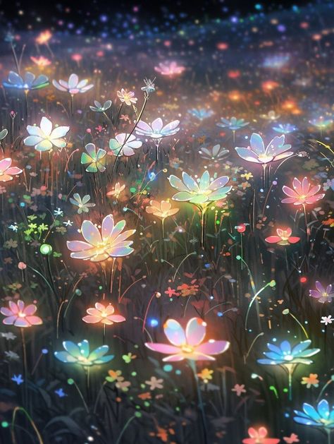 Cute Glowing Wallpapers, Glowing Flowers Art, Glowing Flowers Wallpaper, Glowing Flowers Aesthetic, Dreamy Art Wallpaper, In The Night Garden Wallpaper, Magical Plants Art, Night Flowers Aesthetic, Night Garden Aesthetic