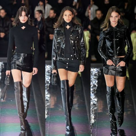 Outfits Knee High Boots, Modeling Industry, Vinyl Dress, Fall Blonde, Runway Outfits, Bella Hadid Outfits, Slouchy Boots, Model Inspo, Stage Outfits