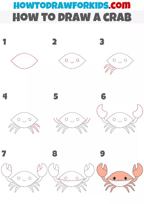 How to Draw a Crab Step by Step - Easy Drawing Tutorial For Kids How To Draw A Crab, Crab Drawing Simple, Easy Fish Drawing, Christmas Drawings For Kids, Crab Cartoon, Sea Creatures Drawing, Easy Christmas Drawings, Cartoon Drawings Of Animals, Easy Drawing Steps