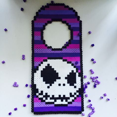 Malted Perler bead door hanger Jack Skellington Perler Door Hanger, Perler Bead Light Switch Frames, Jack Skellington Perler Beads, Perler Bead Door Hanger, Perler Mario, Bead Door, Perler Creations, Bead Creations, Patterns Art