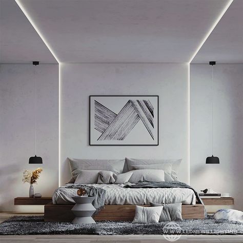 Profile Light Ceiling To Wall, Modern Single Bedroom Design, Led Profile Lighting Design Ceiling Living Room, Bedroom Profile Light, Bedroom Lights Ideas Ceiling, Profile Led Light In Ceiling, Gypsum Ceiling Design Bedroom, Profile Lighting Ceilings, Profile Lights In Ceiling Design