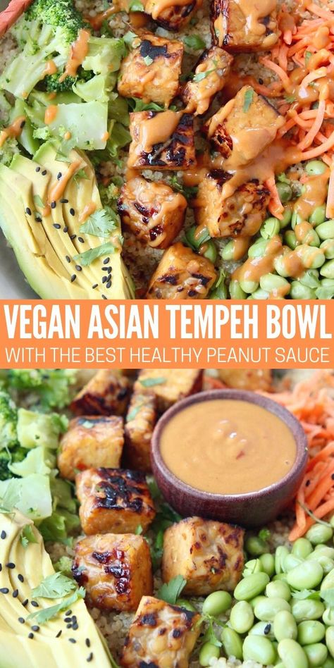 Create a high-protein Vegan Asian Tempeh Bowl in under an hour with this easy recipe! It's filled with quinoa, veggies and THE BEST healthy peanut sauce!! Healthy Peanut Sauce, Tempeh Bowl, Vegan Chow Mein, Vegan Tempeh, Vegan Protein Recipes, High Protein Dinner, Tempeh Recipes, Protein Dinner, High Protein Vegan Recipes