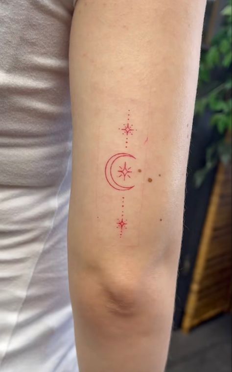 Red Ink Moon Tattoo, Moon Tattoo Red Ink, Red Moon Tattoo, Small Moon Tattoos, Celestial Tattoo, Moon Tattoos, Crescent Moon Tattoo, Red Ink Tattoos, Red Tattoos