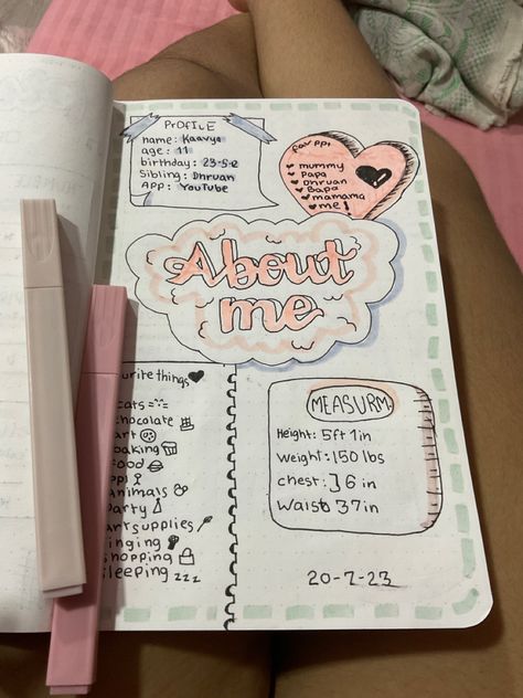 All About Me Astetic, Journal About Me Aesthetic, All About Me Ideas Aesthetic, Emty Note Book Ideas, All About Me Drawing Ideas, Journal Ideas All About Me, All About Me Aesthetic Journal, Notebook Ideas About Me, All About Me Page Journal Aesthetic