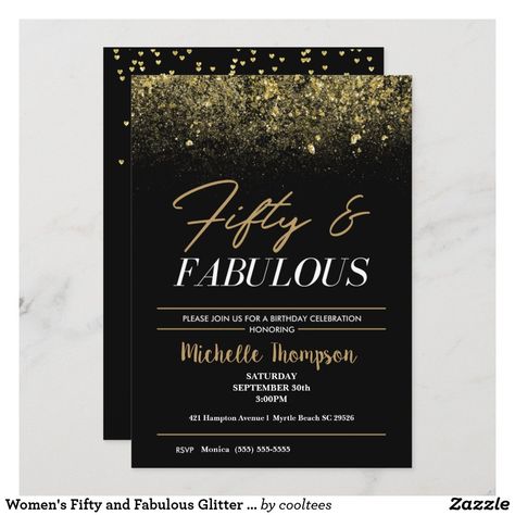 Women's Fifty and Fabulous Glitter Birthday Invitation 50 Shades Of Fabulous Birthday, Custom Champagne Labels, 50th Birthday Party Themes, Fifty And Fabulous, 50th Birthday Party Decorations, 50th Birthday Invitations, Adult Birthday Invitations, 50 And Fabulous, Glitter Birthday