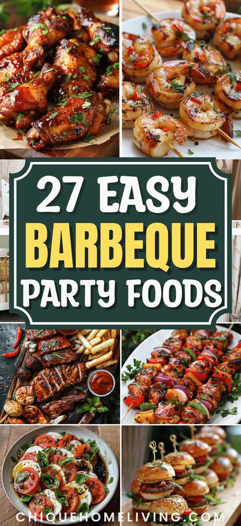 Planning a BBQ party and need some easy and delicious food ideas? 🍔 Here are 27 crowd-pleasing BBQ party food ideas that everyone will enjoy! From juicy burgers and grilled chicken to refreshing salads and tasty sides, these recipes are perfect for creating a mouthwatering outdoor feast. Whether you’re hosting a small gathering or a big bash, these dishes are simple to prepare and sure to satisfy your guests. #BBQParty #GrillingRecipes #SummerCookout Ideas For Barbecue Party, Barbaque Ideas Parties, Appetizers For Grilling Out, Foods For A Barbeque Party, Bbq Food Ideas Party Appetizers, Appetizers For Bbq Party Simple, Barbecue Themed Party, Bbq Entree Ideas, Bbq Dinner Party Menu Ideas