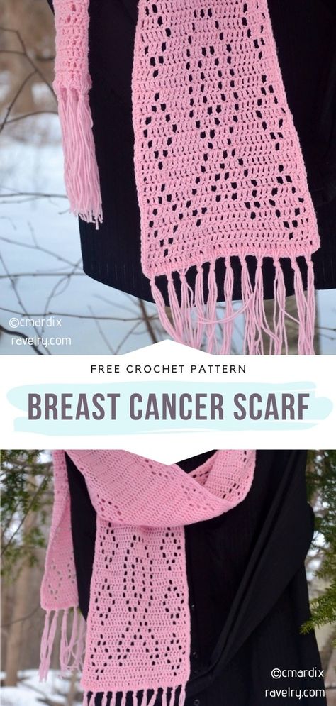 Crochet Chemo Scarf, Crochet Awareness Ribbon, Crochet Pink Ribbon Free Pattern, Crochet Ribbon Pattern, Charity Crochet, Crocheted Shawls, Bob Ideas, Pink Awareness, Crochet Bracelet Pattern