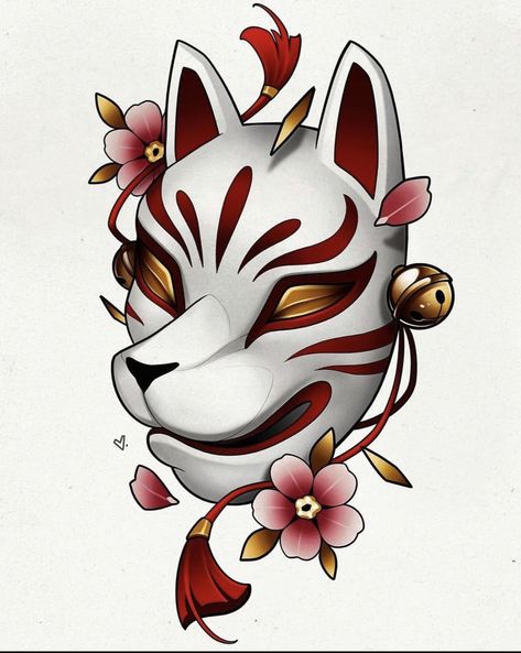 Japanese Samurai Mask Tattoo Design, Cat Mask Tattoo, Japanese Fox Mask Tattoo, Japanese Kitsune Mask Tattoo, Kitsune Mask Tattoo Design, Fox Mask Tattoo, Japanese Kitsune Tattoo, Kitsune Tattoo Design, Kitsune Mask Tattoo