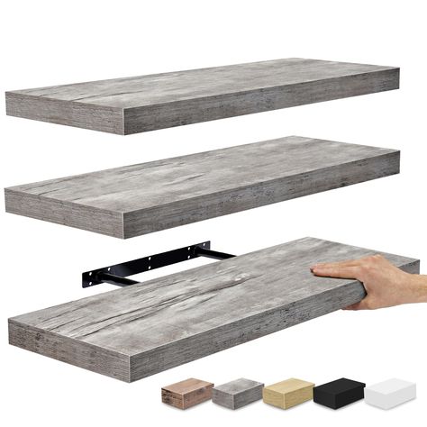 PRICES MAY VARY. 24 Inch Gray Floating Shelves for Wall (Set of 3): Display charming showpieces, trophies, photo frames, decorative items, and other prized possessions while offering functional storage with the wooden floating shelves by Sorbus - Enhance home decor, bathroom decor, living room decor - Fill in empty wall space above a desk, fireplace, entryway, vanity, between windows - Each floating shelf measures approximately 23.75" L X 9.25" W Free Up Space in Your Home & Kitchen: Reduce clut Bathroom Storage Over Toilet, Shelf For Wall, Grey Floating Shelves, Shelves For Wall, Wooden Floating Shelves, Over Toilet, Shelves Wall, Wall Shelf Decor, Rustic Wood Walls