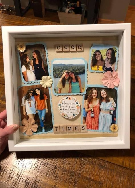 Shadow Box Ideas Best Friend, Shadow Box For Best Friend, Scrabble Shadow Box Ideas, Shadow Box Ideas For Friends, Sister Shadow Box Ideas, Friendship Shadow Box Ideas, Shadow Box Picture Ideas, Sorority Shadow Box Ideas, Farewell Gift For Best Friend