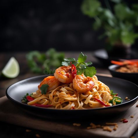 Pasta with seafood in a black plate on the background of greenery and dark background. King prawns, tomatoes, noodles stock photography Dark Food Photography Backgrounds, Arabian Garden, Pasta With Seafood, Background King, Seafood Photography, Black Pasta, Healthy Noodles, King Prawns, Food Photography Background