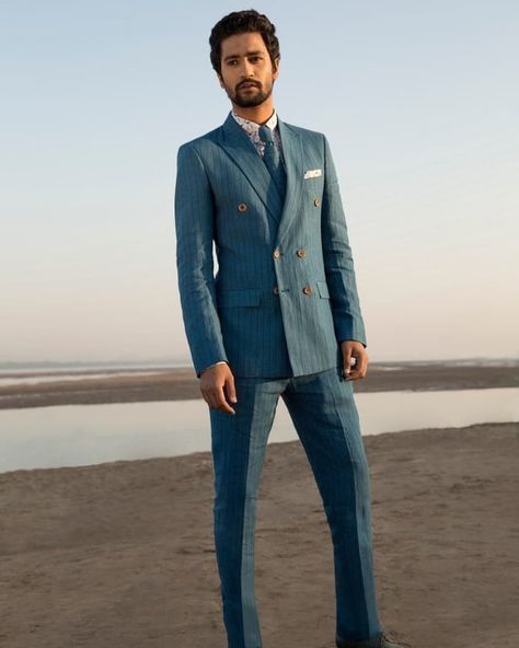 Reception Suits For Groom, Bespoke Menswear, Reception Suits, Tan Brogues, Blue Tux, Dapper Grooms, Dresses For Men, Vicky Kaushal, Striped Suit