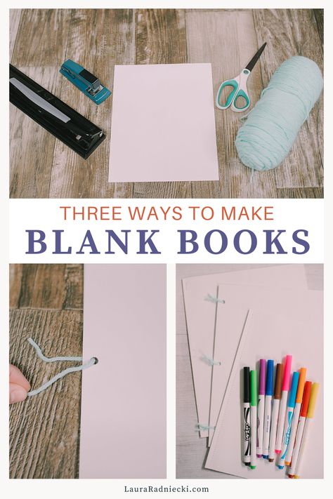 Learn three ways to make blank books with printer paper for kids to write in, draw in, or make books as they explore their imagination! How To Make A Book Cover Out Of Paper, Book Making For Kids, How To Make A Book Out Of Paper, Make Your Own Book, Book Page Garland, Make A Book Cover, Book Page Flowers, Blank Books, Homemade Books