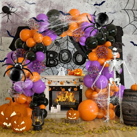 PRICES MAY VARY. Halloween Balloon Garland Arch Kit: Still worried about your Halloween decorations? Come and try this Halloween balloon kit and bring the horror atmosphere of Halloween into your home. Orange, purple and black balloons plus spiders and spider webs are perfect for creating an atmosphere at Halloween parties or events. This one-of-a-kind work will definitely add the icing on the cake to your Halloween decorations and be impressive. Package includes: Contains orange balloons 5 inch Boo Balloons, Halloween Balloon Arch, Horror Atmosphere, Halloween Balloon Garland, Halloween Balloon, Halloween Party Decorations, Photo Booth Background, Orange Balloons, Halloween Balloons