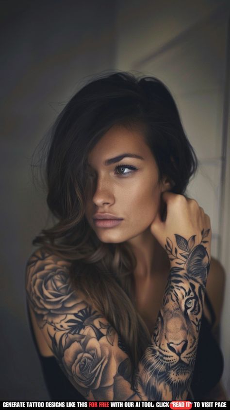 Tattoo Sleeve Women Ideas, Tattoo Sleeves Women, Tiger Tattoos For Women, Women Tattoo Sleeve, Woman Sleeve Tattoo, Womens Sleeve Tattoo, Tattoo Sleeve Women, Inked Woman, Tatted Women