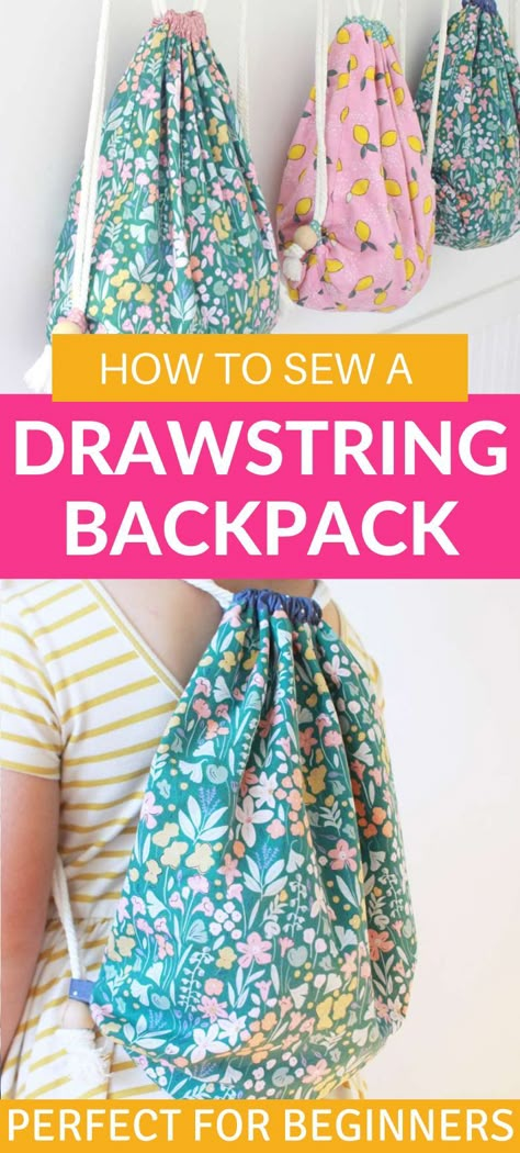 Just starting out and looking for an easy sewing project that beginners could easily tackle? This drawstring backpack is fun and simple to do with detailed instructions! Its lined and great for kids to take to the park or the library. I made 3 for my girls and they take them everywhere. sewing crafts, projects, tutorial Diy Drawstring Backpack, Drawstring Backpack Tutorial, Drawstring Bag Diy, Drawstring Bag Tutorials, Backpack Tutorial, Sewing Machine Projects, Simple Backpack, Simple Sewing, Backpack Pattern