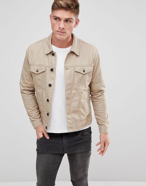 Only & Sons Twill Trucker Jacket - Beige Beige Leather Jacket Outfit, Cream Jacket Outfit, Khaki Jacket Outfit, Beige Jacket Outfit, Trucker Jacket Outfit, Jean Jacket Outfits Men, Shirt Jacket Outfit, Denim Jacket Men Outfit, Jeans Marron