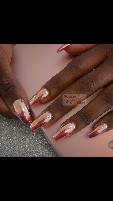 Chrome Nail Art Rose Gold, Metallic Nails On Black Skin, Rose Gold And Copper Hair, Burnt Orange Chrome Nails, Fun Chrome Nails, Peach Chrome Nails, Tan Chrome Nails, Orange Chrome Nails, Rose Gold Chrome Nails