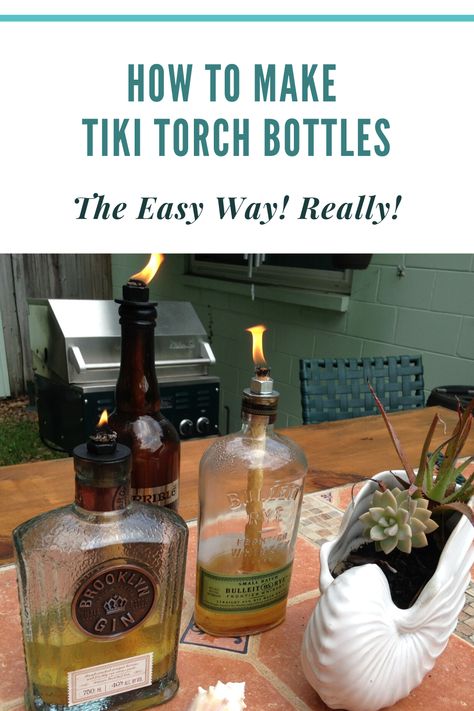 Making Tiki Torches from Recycled bottles is easy! Homemade Tiki Torches, Diy Citronella Torch, Bottle Tiki Torch Diy, Wine Bottle Tiki Torch Diy, Tiki Torches Diy, Torches Diy, Bottle Torch, Diy Citronella, Wine Bottle Tiki