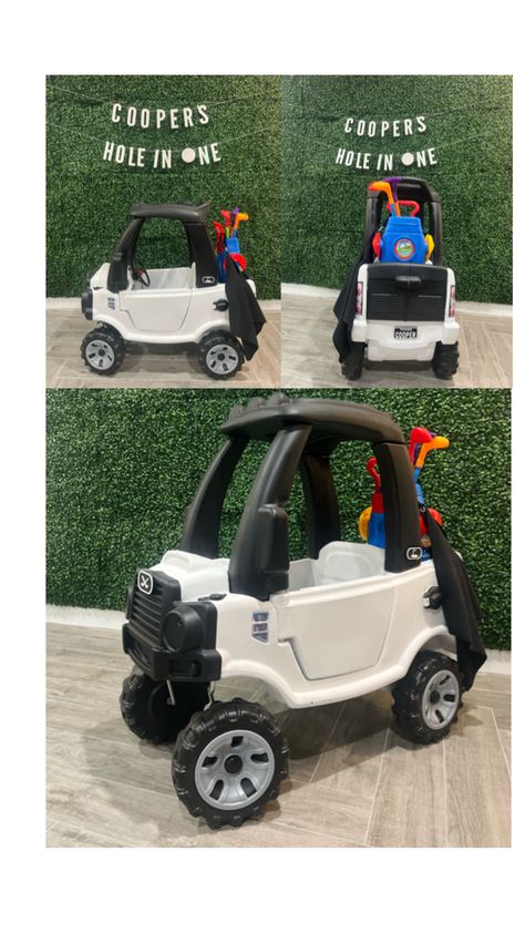 Golf Cozy Coupe, Diy Golf Cart, Cozy Coupe Makeover, Baby First Birthday Themes, Golf Diy, Golf Birthday Party, Little Tikes, Golf Birthday, Baby Must Haves