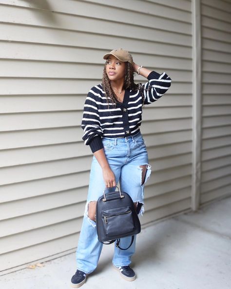 Get the link for more outfit finds and inspo through my Amazon Storefront    #amazonfinds #casualoutfitinspo Minimalist style, casual style, everyday look, outfit inspo, striped cardigan, distressed jeans, adidas sambae, backpack purse, baseball cap Baseball Hat Styles For Women, Hat Styles For Women, Adidas Outfits, Baseball Hat Style, Hat Styles, Amazon Storefront, Minimalist Chic, Adidas Outfit, Night Out Outfit