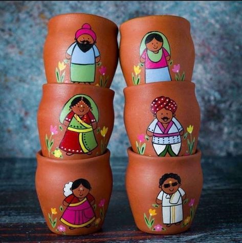 Pot Painting Indian Art, Kullad Chai Cups Painting, Kullad Painting Ideas Diy, Matka Painting Ideas Creative, Clay Pot Painting Ideas Indian, Matka Decoration Pots Painting, Kulhad Painting Ideas, Pot Designs Painted Indian, Pot Painting Ideas Creative Indian