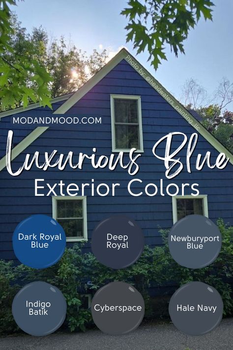 blue and navy exterior paint colors Blue And White Exterior House Colors, Blue Exterior House Colors With Stone, Sherwin Williams Indigo Batik Exterior, Indigo House Exterior, Royal Blue House Exterior, Navy Blue Siding House, Blue Colonial House Exterior, Navy Exterior Paint, Newburyport Blue