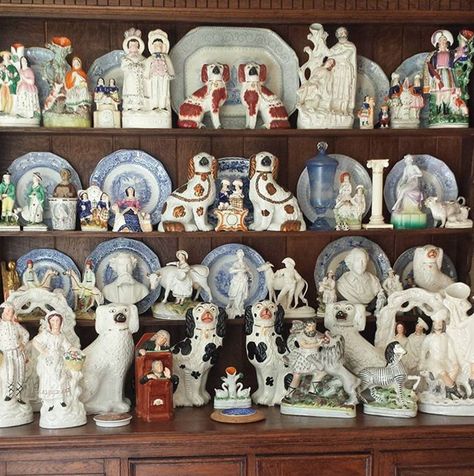 Staffordshire Dogs Figurines, Old English Interior Design, Fireplace Display, Staffordshire Figurines, Hadley Pottery, Royal Doulton China, Staffordshire Pottery, Vignette Styling, Porcelain Dog