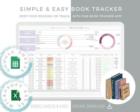 Reading Tracker, Ultimate Book Tracker Template, Track Your Reading, Reading Log, Book Journal, Google Sheets and Excel Spreadsheet by TrackerPro on Etsy Reading Journal Spreads, Book Tracker Template, Book Tracker, Tracker Template, Easy Books, Book Log, Journal Spreads, Reading Tracker, Personal Library