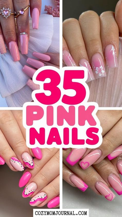 35 Pink Nails Ideas You’ll Absolutely Fall in Love With Simple Blue And Pink Nails, Short Nail Pink Designs, Gold And Pink Nails Ideas, Magenta Nail Ideas, Tropical Pink Nails, Pink Metallic Nail Designs, Pink And Red Nails Acrylic, P!nk Nails, Easy Pink Nail Designs