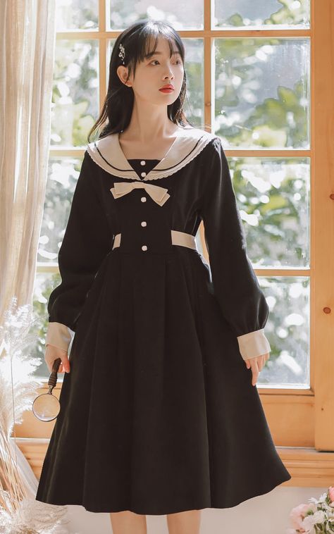 Dress Women Kawaii Japan Style Midi Sailor Collar Design Sweet Preppy Spring Empire Fashion Vestidos Mujer Leisure College Ins|Dresses| - AliExpress 1920s Sailor Dress, Sailor Collar Dress, White Collar Dress, Preppy Spring, Sailor Dress, Sailor Collar, Korean Dress, Preppy Look, Empire Style