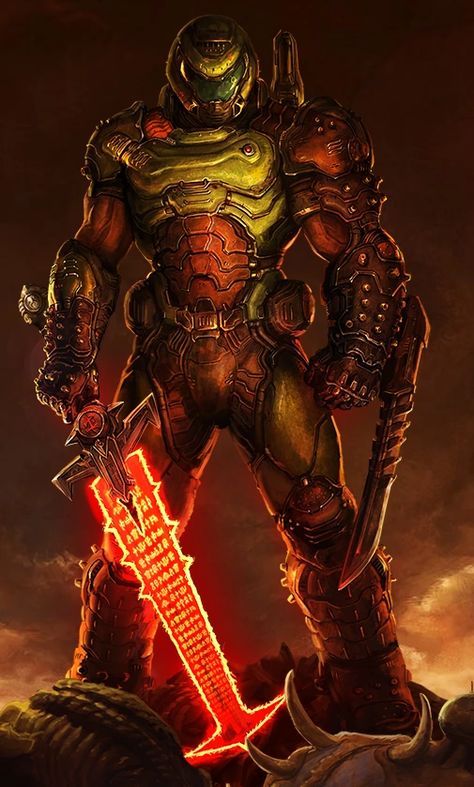 The Doom Slayer, also known as Space Marine, Doom Marine, or Doomguy, is a legendary demon slayer and a former a member of the United States Space Marine Corps famous for saving Earth and from demonic forces. As a soldier, the Doomguy refused to open fire on innocent civilians and eventually came to blows with his superior officer over the command. This act of insubordination lead to his reassignment to serving on a base on Mars, in what was believed to be a punishingly boring and secluded post. Doom Videogame, Sif Dark Souls, Doom Game, Trending Pins, Save Earth, Space Marine, 그림 그리기, Game Art, Character Art