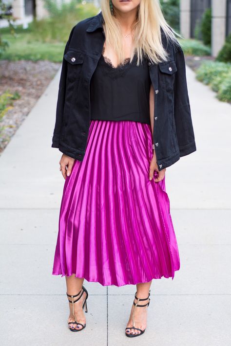 Long Hot Pink Skirt Outfit, Fuchsia Skirt Outfit, Pink Pleated Skirt Outfit, Hot Pink Pleated Skirt, Hot Pink Skirt Outfit, Black Silk Camisole, Pink Skirt Outfits, Satin Skirt Outfit, Pink Skirts