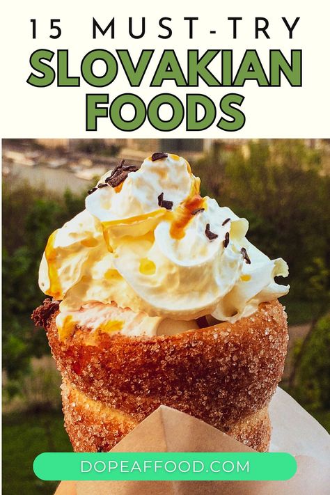 Close-up of traditional Slovakian foods topped with whipped cream. Traditional Slovakian Food, Czech Desserts Traditional, Slovenia Recipes, Slovakian Recipes, Slavic Recipes, Slavic Food, Slovakian Food, Slovenian Food, Slovak Recipes