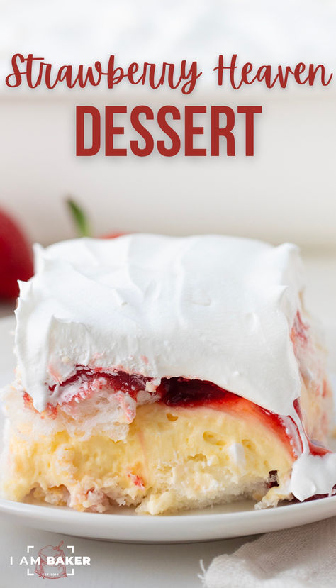 a slice of strawberry heaven dessert is on a white plate Strawberry Heaven Dessert, Strawberry Pie Filling Desserts, Easy Pudding Desserts, No Bake Strawberry Desserts, Heaven Dessert, Angel Food Trifle, Vanilla Pudding Desserts, Guava Desserts, Easy Potluck Desserts