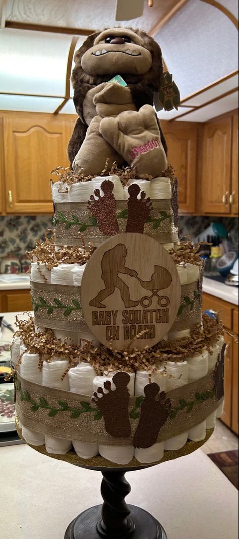 Diaper Cake Cryptid Baby Shower Ideas, Bigfoot Nursery, Woodland Baby, Baby Shower Woodland, Baby Shower Theme, Baby Boy Nurseries, Boy Nursery, Baby Nursery, Diaper Cake