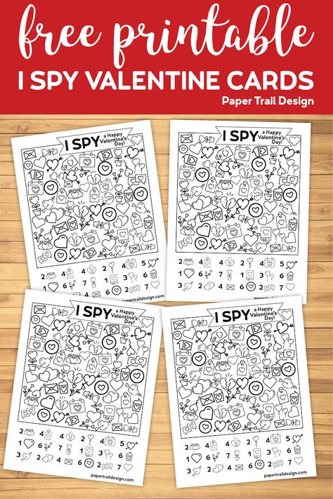 Free Printable I Spy Valentine Cards for a kids classroom valentine exchange. A no-candy valentine card idea that is easy to make yourself at home. #papertraildesign #Valentine #Valentinecards #Valentineexchange #Valentineparty #kidsValentine #HappyValentinesDay Kids Valentine Party, Valentine Bingo, Cards Easy, Printable Valentines Cards, Valentine's Day Printables, Printable Valentine, Valentine Activities, Valentine Crafts For Kids, Valentines Printables Free