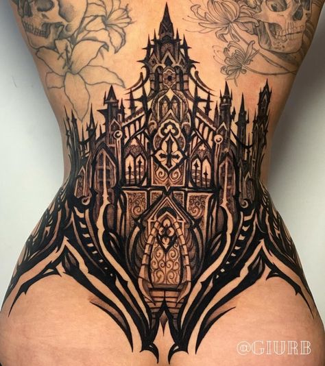 Mid Torso Tattoo, Full Coverage Back Tattoo Women, Goth Back Piece Tattoo, Mushroom Body Tattoo, Back Tattoo Women Goth, Water Chest Tattoo, Gothic Cathedral Back Tattoo, Dragon Tattoo On Stomach, Gothic Back Piece Tattoo