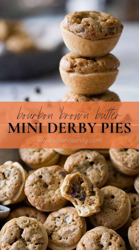 Bourbon Brown Butter Mini Derby Pies…you can’t eat just one! These bite-sized gems are even more tantalizing with the addition of brown butter. So easy to make, these crunchy, chocolatey mini pies will become your new favorite for no-fuss entertaining. Derby Pie Bites, Pie Tartlets, Derby Pie Recipe, Mini Dessert Easy, Derby Recipe, Mini Pie Crust, Derby Pie, Cranberry Pie, Mini Pies