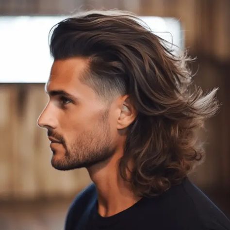 Tapered Cut with Long Top Layers Men's Long Hairstyles Layered, Mens Long Wolfcut, Long Hair With Beard Men Style, Men’s Long Hair Low Undercut, Men Haircut Long On Top, Mens Cuts Long On Top, Men Long Haircuts, Long Hair Men Haircut, Long Haircut For Men