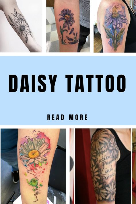 Daisy Tattoo Feminine Daisy Tattoos, Daisy Flower Tattoo Designs, Daisy Flower Tattoos Color, Coloured Daisy Tattoo, Daisy Sleeve Tattoo, Daisy Tattoo Designs Vintage, Unique Daisy Tattoo, Small Daisy Tattoo, Daisy Flower Tattoos