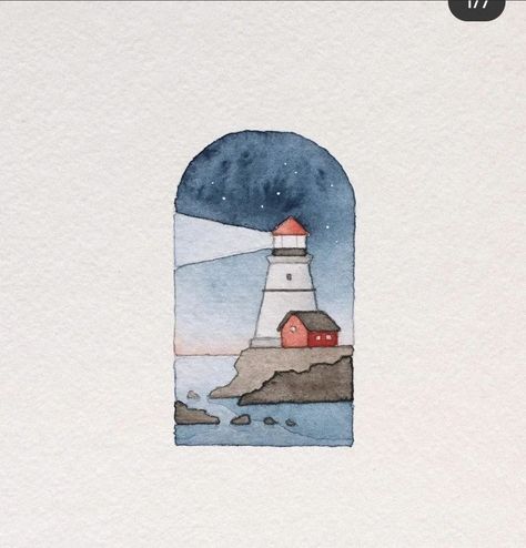 Small Watercolor Paintings Easy, Water Doodles, Draw A Lighthouse, Watercolor With Pen, Lighthouse Watercolor, Painted Bookmarks, Watercolor Doodle, Watercolor Postcard, Lighthouse Painting