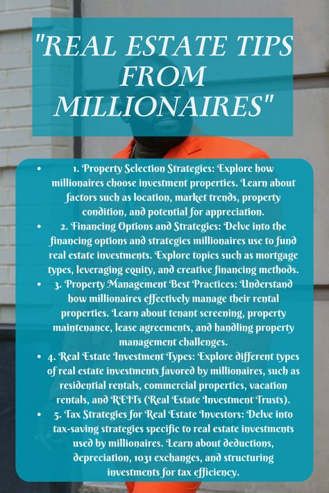 Learn valuable real estate tips from millionaires to succeed in property investing! Explore topics such as property selection strategies, financing options, effective property management, types of real estate investments, and tax-saving strategies. Start building your real estate portfolio like a millionaire today! Real Estate Millionaire, Real Estate Investing Aesthetic, Investment Real Estate, Small Business Ideas Startups, Types Of Real Estate, Real Estate Investing Rental Property, Property Investing, Real Estate Portfolio, Tax Saving